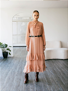 Vestido Longo Com Babados Chiffon