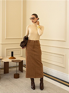 Saia Midi Suede Com Detalhe Recortes
