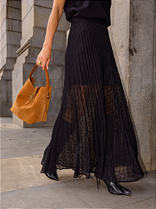 Saia Plissada Chiffon Bordado Com Ziper