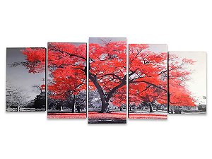 Quadro Decorativo Árvore da Vida Vermelho 5 Peças 70x162 Centímetros