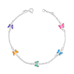 Pulseira 5 Borboletas Coloridas Prata 925 Legítima