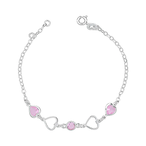 Pulseira Feminina Coração Zircônia Rosa Prata 925 Legítima