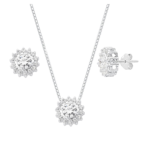 Conjunto Redondo Galeria Zircônia Branca Bordas Cristal Prata 925 Legítima