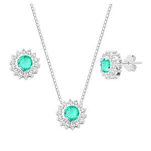 Conjunto Redondo Galeria Zircônia Verde Claro Bordas Cristal Prata 925 Legítima