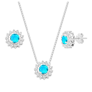 Conjunto Redondo Galeria Zircônia Azul Claro Bordas Cristal Prata 925 Legítima