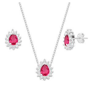 Conjunto Gota Galeria Zircônia Rosa Bordas Cristal Prata 925 Legítima