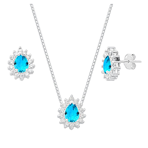 Conjunto Gota Galeria Zircônia Azul Claro Bordas Cristal Prata 925 Legítima