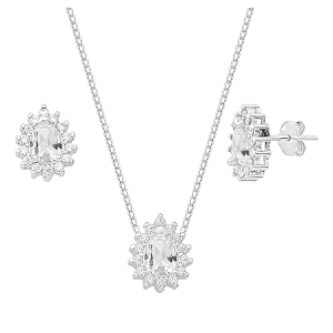 Conjunto Gota Galeria Zircônia Branca Bordas Cristal Prata 925 Legítima