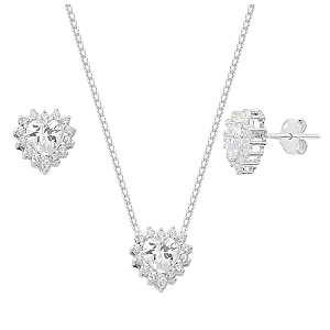 Conjunto Coração Galeria Zircônia Branca Bordas Cristal Prata 925 Legítima