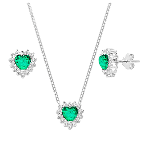 Conjunto Coração Galeria Zircônia Verde Claro Bordas Cristal Prata 925 Legítima