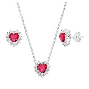 Conjunto Coração Galeria Zircônia Rosa Bordas Cristal Prata 925 Legítima