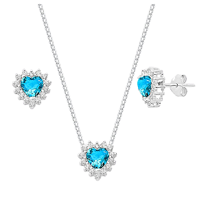 Conjunto Coração Galeria Zircônia Azul Claro Bordas Cristal Prata 925 Legítima