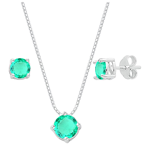 Conjunto Redondo Galeria Zircônia Verde Claro Prata 925 Legítima