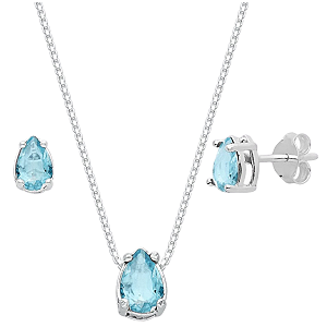 Conjunto Gota Galeria Zircônia Azul Claro Prata 925 Legítima