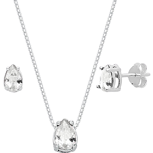 Conjunto Gota Galeria Zircônia Branca Prata 925 Legítima