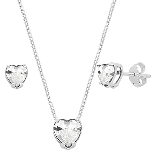 Conjunto Coração Galeria Zircônia Branca Prata 925 Legítima