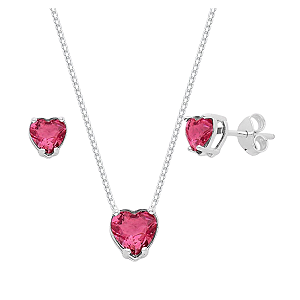 Conjunto Coração Galeria Zircônia Rosa Prata 925 Legítima