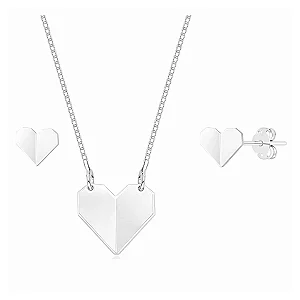Conjunto Coração Origami Prata 925 Legítima