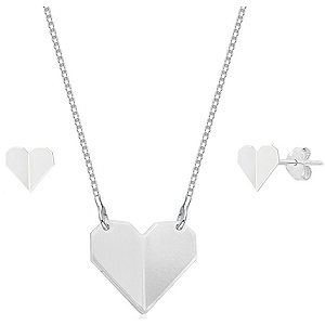 Conjunto Coração Origami Prata 925 Legítima