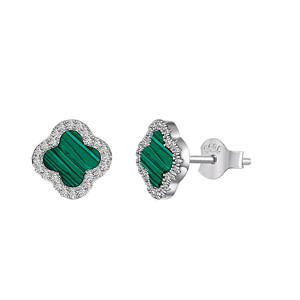 Brinco Trevo Pedra Amalequita Verde Cravejada Zircônia Prata 925 Legítima