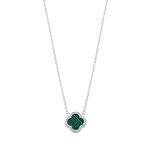 Colar Trevo Amalequita Verde Bordas de Zircônia Prata 925 Legítima