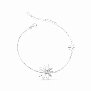 Pulseira Feminina 2 Margaridas Cravejada Zircônia Prata 925 Legítima