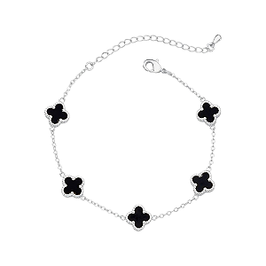 Pulseira Feminina 5 Trevos Onix Prata 925 Legítima