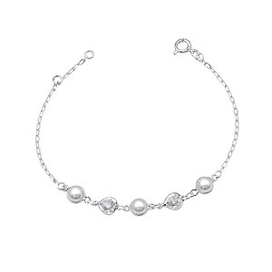 Pulseira Feminina Coração Zircônia e Pérolas Prata 925 Legítima