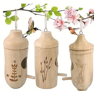Kit Comedouro para Beija-Flor em Madeira Natural - 3 Unidades