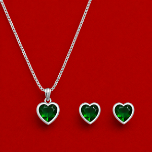 Conjunto 3 Corações Verde Escuro Cravação Inglesa em Prata 925