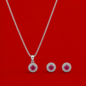 Conjunto Ponto de Luz Mini Cravejado Rosa Escuro em Prata 925