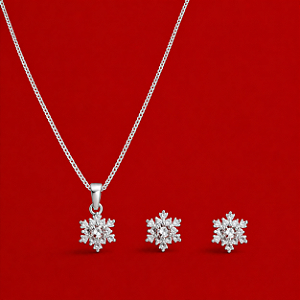 Conjunto Floco de Neve Cor Crista Cravejado em Prata 925