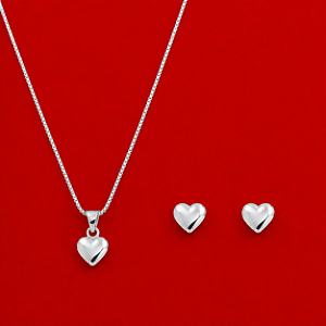 Conjunto Coração Liso em Prata 925