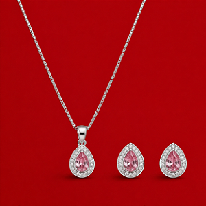 Conjunto Gota Rosa Cravejada em Prata 925