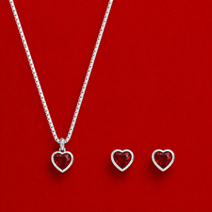 Conjunto Coração Vermelho em Prata 925