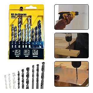 Kit Brocas Furadeira 9 Peças Metal Madeira Parede Alvenaria 5mm 6mm 8mm Alta Resistência Com Estojo