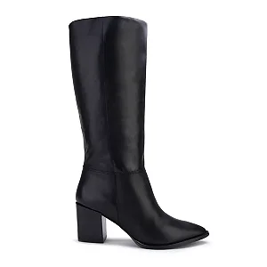Bota Couro Cano Alto Salto Bloco Bico Fino Lia Line Preto