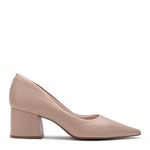 Scarpin de Couro Bico Fino com salto Bloco Baixo Nude Lialine