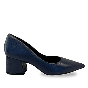 Scarpin de Couro Bico Fino com salto Bloco Baixo Azul Marinho Lialine