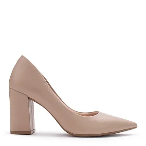 Scarpin Nude de Couro Bico Fino com Salto Bloco Alto Lialine