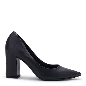 Scarpin Preto de Couro Bico Fino com Salto Bloco Alto Lialine