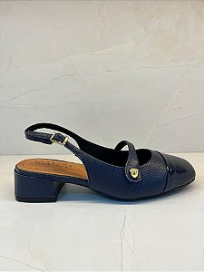 Slingback  Salto Baixo Azul Marinho em Couro Linha Comfort Lialine