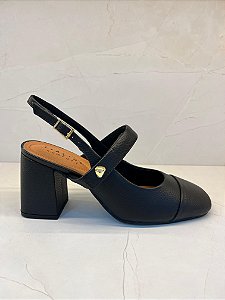 Slingback Preto Salto Bloco Alto em Couro Linha Comfort Lialine