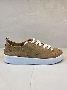 Tênis Casual Feminino Lialine em Couro – Cores Nude, Azul Céu, Branco e Dourado