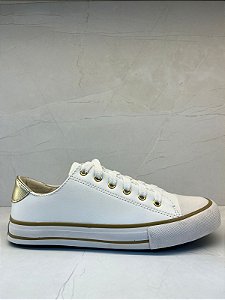 Tênis Casual Feminino Dumond Branco com Detalhes Dourados