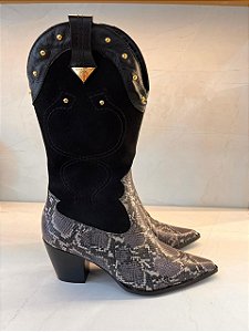 Bota Paraonda Texana Cano Alto em Couro Preto Snake