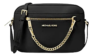 Bolsa Transversal Michael Kors Jet Set Couro Saffiano Preto Couro Ouro Preto