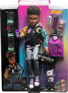 Boneca De Moda Monster High Clawd Wolf Lobisomem com Garras de Lobo e Buldogue Gárgula de Estimação e Acessórios Temáticos