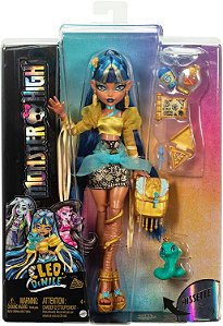 Boneca Monster High Articulável Cleo Novo Visual com Pet Hissette e Acessórios, Para crianças a partir de 4 anos