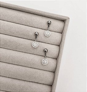 Piercing haste zircônia e flor com círculo cravejado 8mm umbigo - Haste em aço cirurgico e detalhe em prata